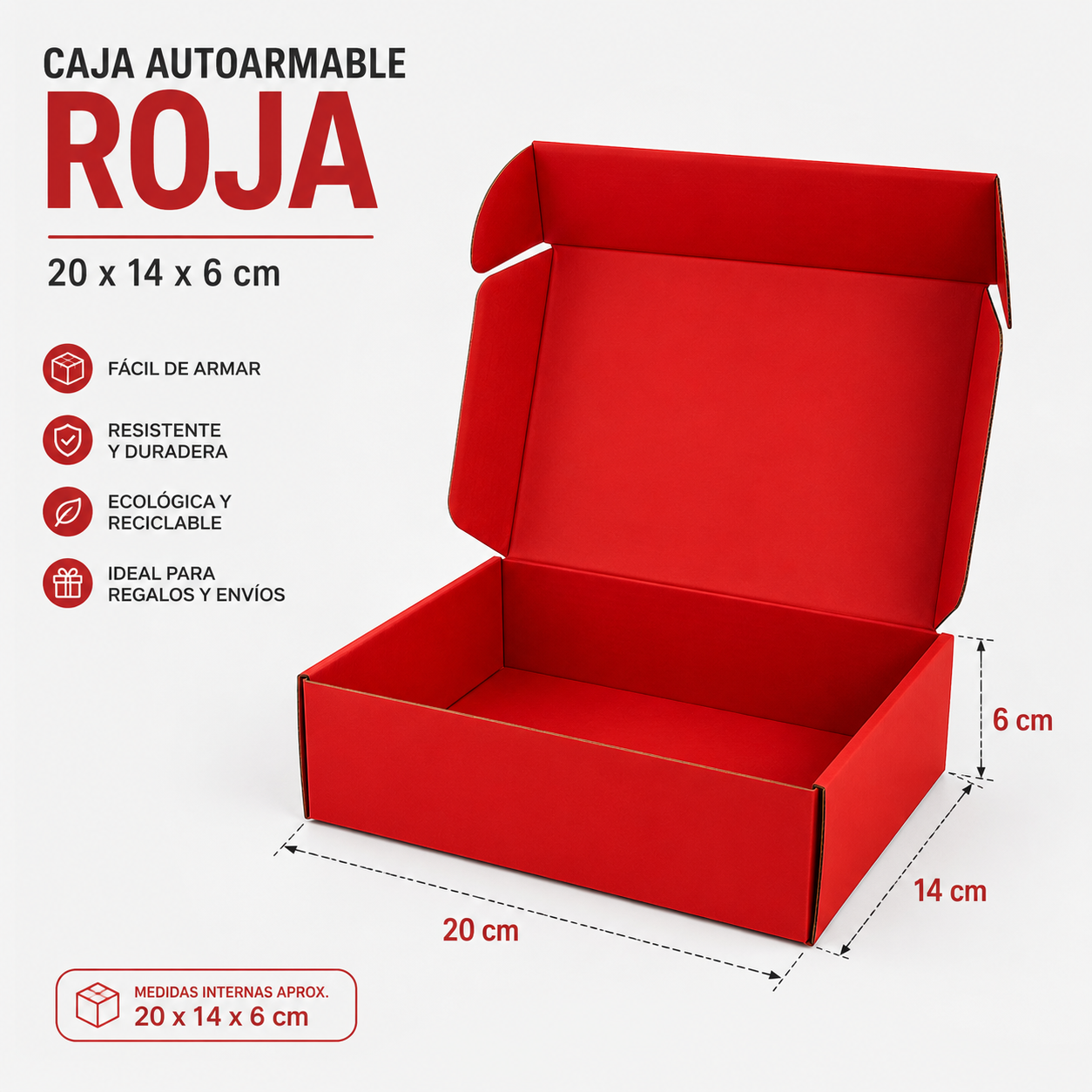Caja Autoarmable Roja, 20 X 14 X 6 Cms